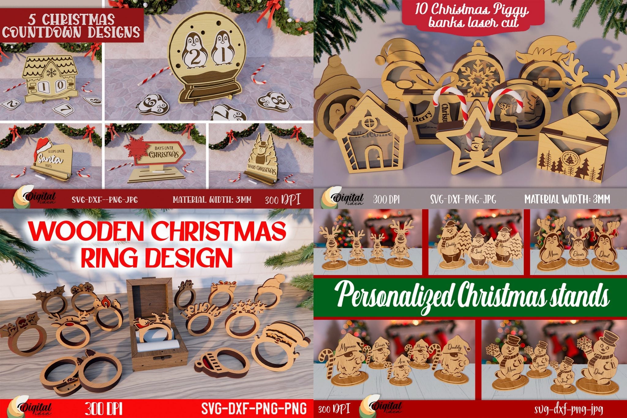 Christmas Laser cut Mega Bundle, 306 Christmas lasercut deisgn, 3D Xmas lasercut SVG, Candle holder, lantern, sign, stand, coaster glowforge