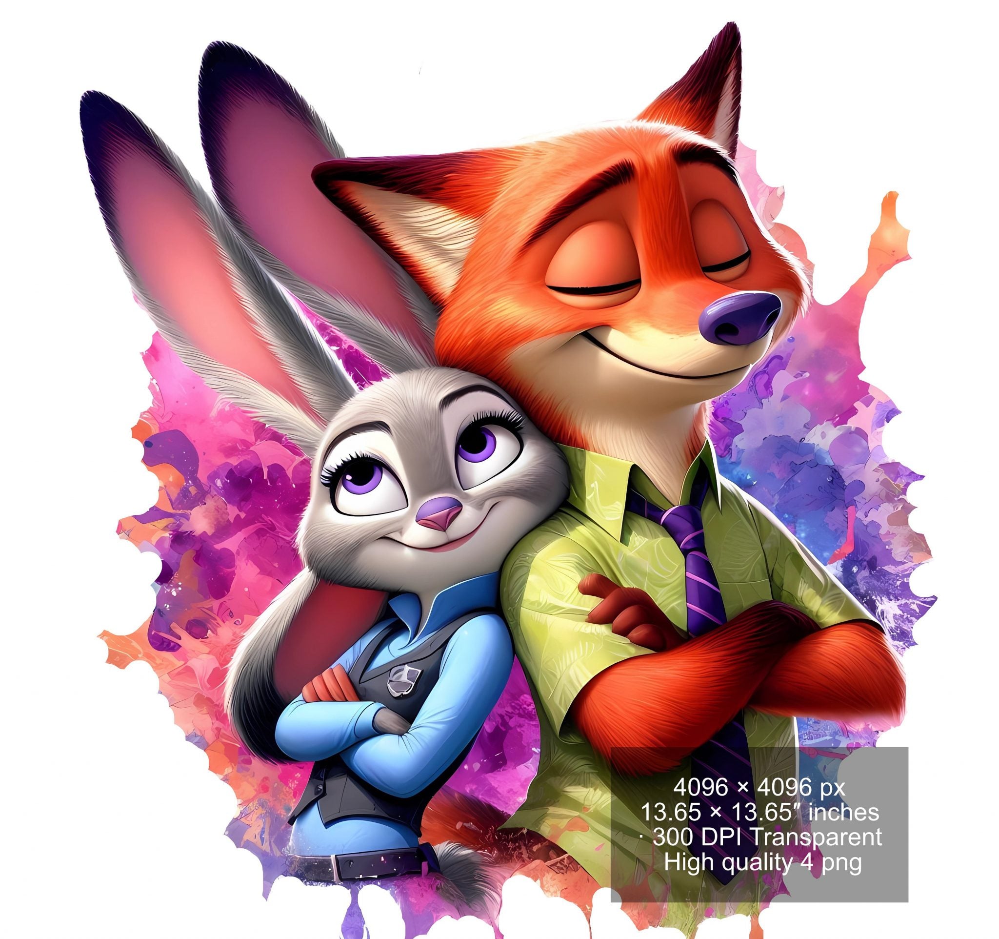 8 PNG Zootopia Nick & Judy Splash and Watercolor Digital design PNG file for sublimation – High Resolution -Instant Digital PNG Download