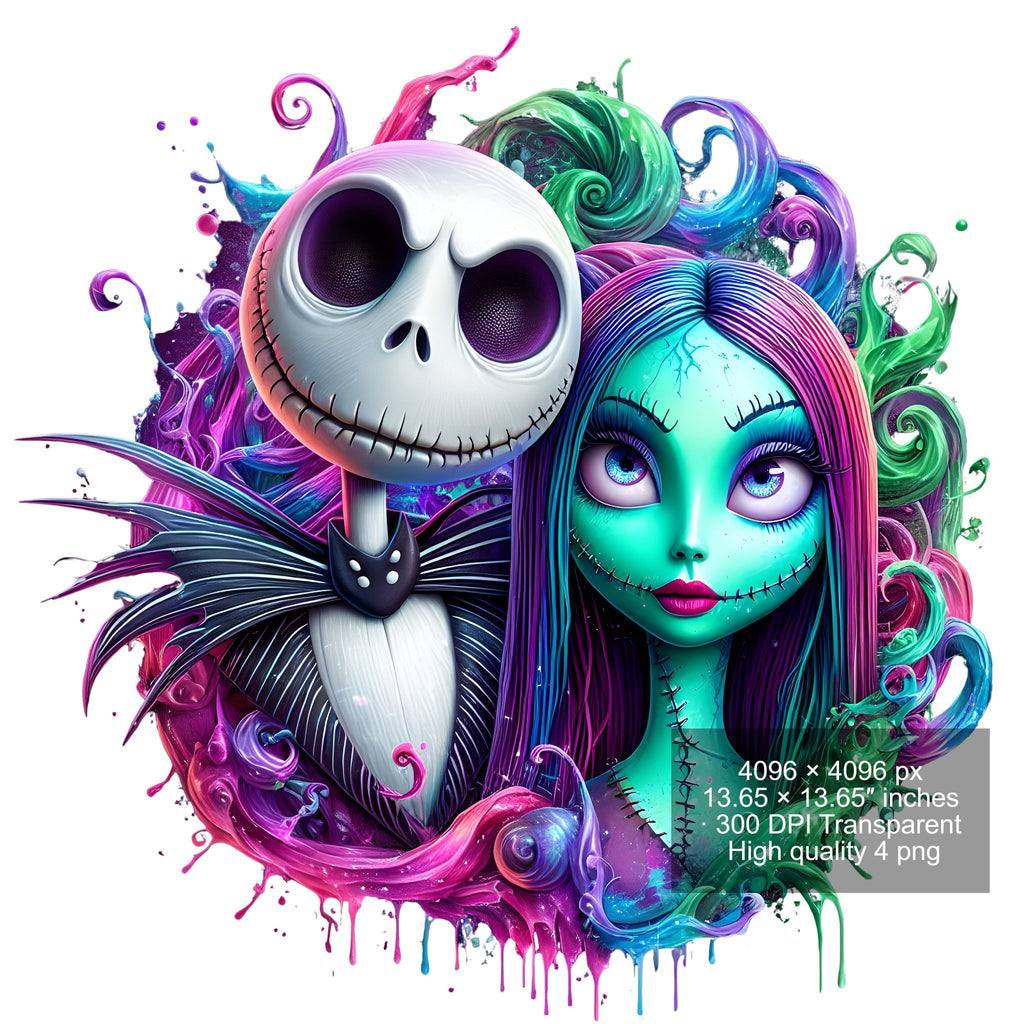 8 PNG Jack and Sally Splash and Watercolor Digital design PNG file for sublimation – High Resolution -Instant Digital PNG Download