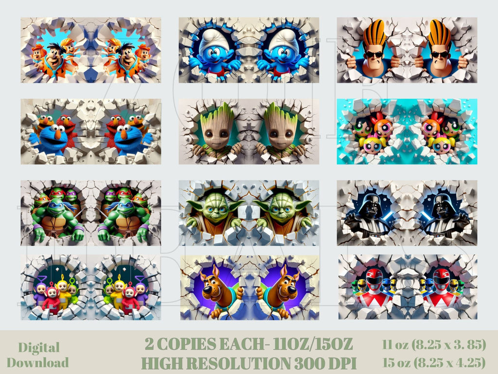 3D Effect Hole In A Wall Classic Cartoon Character Mug Wrap, 11oz & 15oz Mug Bundle Sublimation Wrap, Instant Digital Download, PNG Template