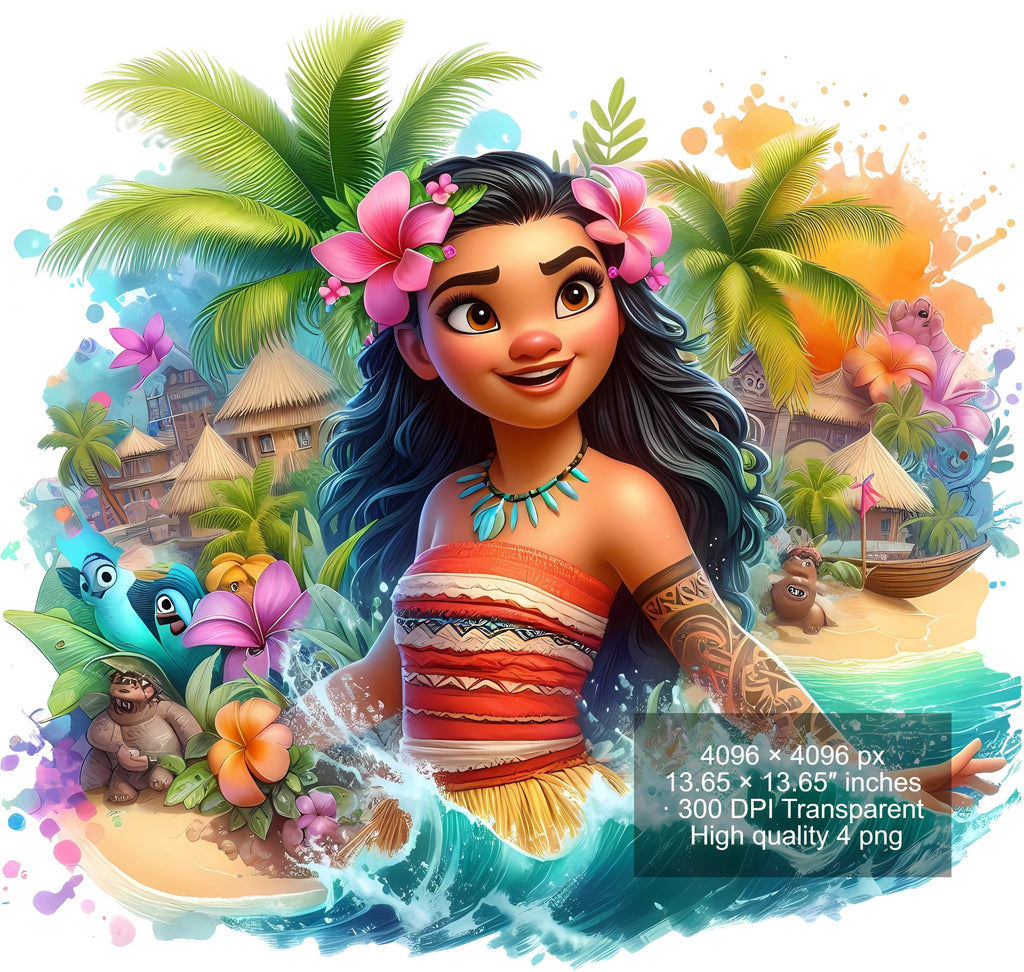 8 PNG Moana Splash and Watercolor Digital design PNG file for sublimation – High Resolution -Instant Digital PNG Download