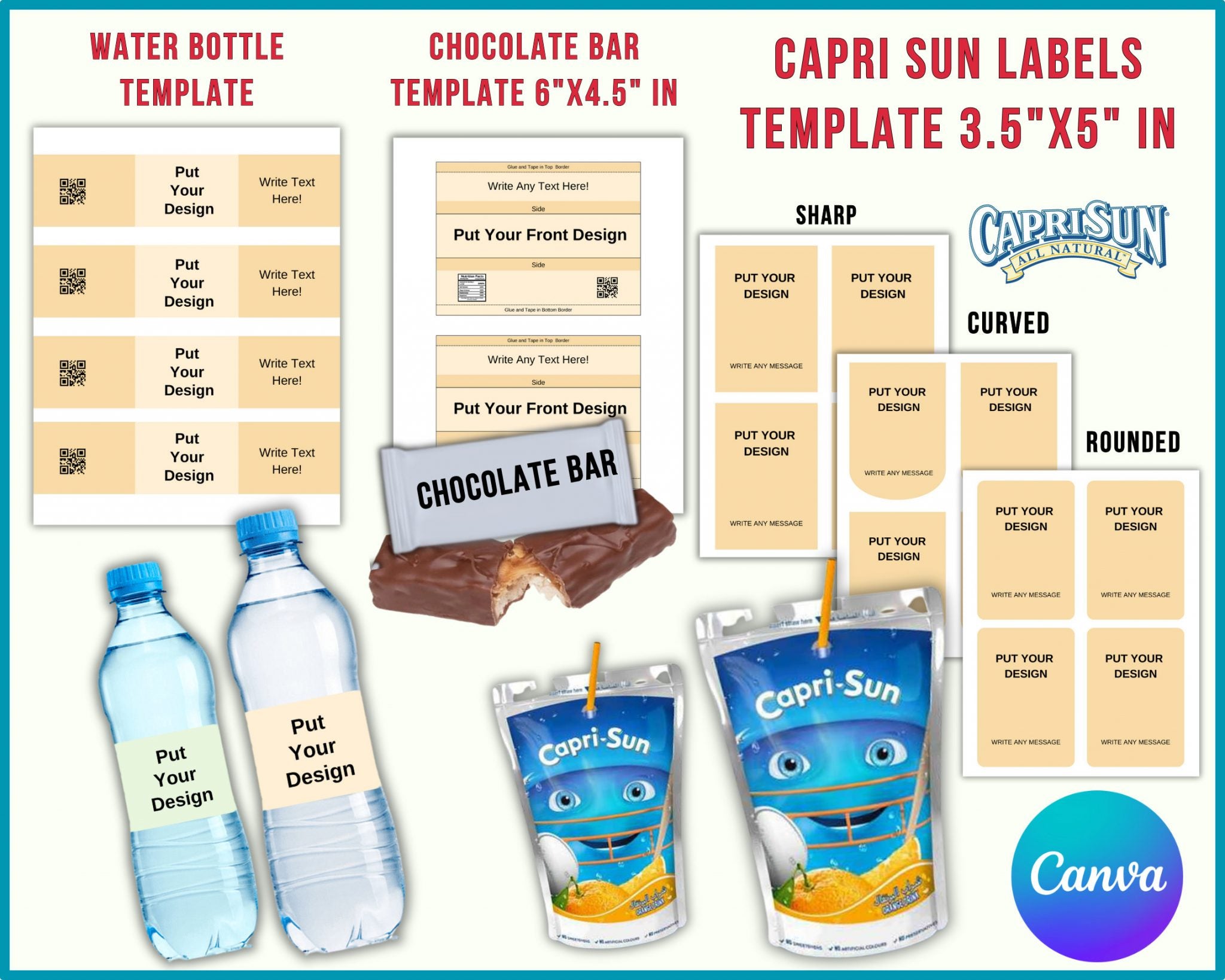 6 Party Favor Template Bundle, Chip Bag Template, Water Bottle Labels, Chocolate Bar , Pringles Template, Party Favor , SVG , Canva Editable