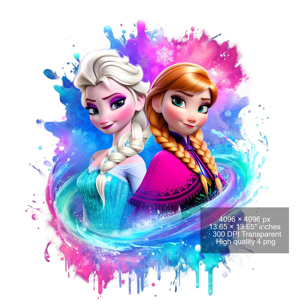 8 PNG Elsa and Anna Frozen Splash and Watercolor Digital design PNG file for sublimation – High Resolution -Instant Digital PNG Download