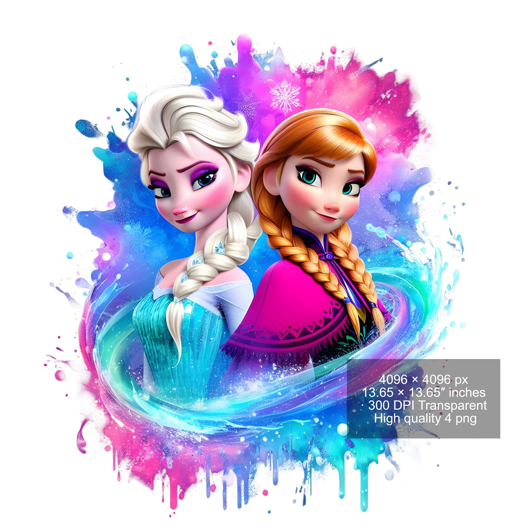 8 PNG Elsa and Anna Frozen Splash and Watercolor Digital design PNG file for sublimation – High Resolution -Instant Digital PNG Download