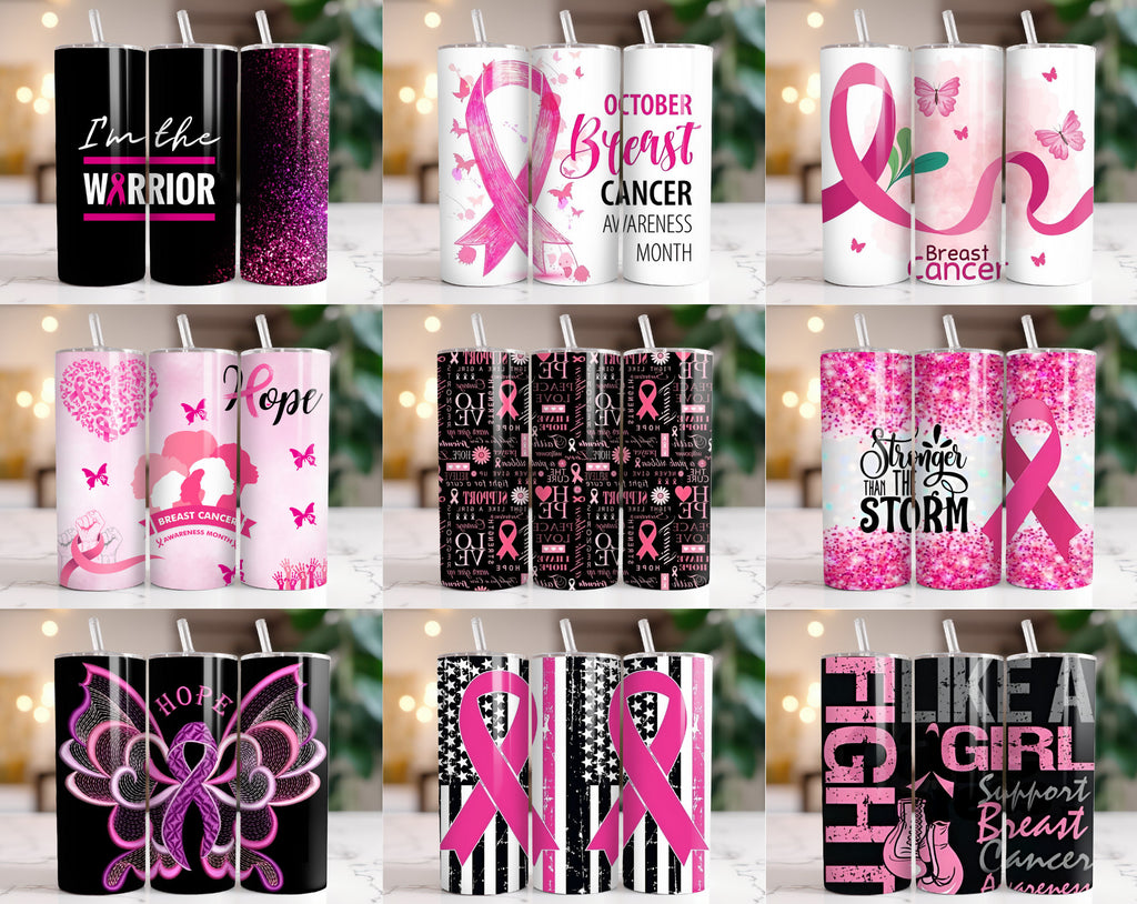 100+ Breast Cancer Tumbler Wrap Bundle 20oz Skinny Tumbler Sublimation PNG Ribbon Awareness Cancer Awareness Glitter Pink Tumbler