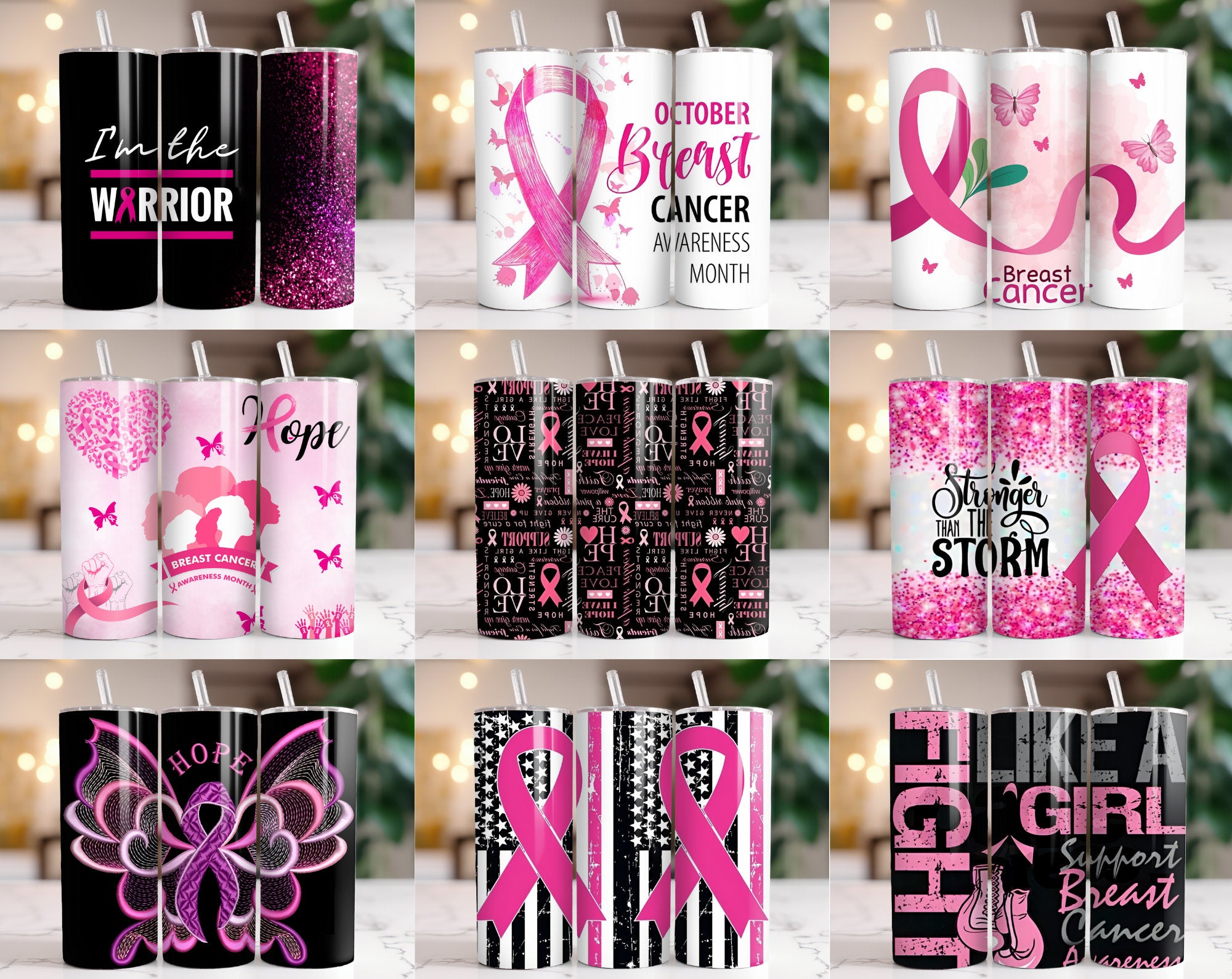 100+ Breast Cancer Tumbler Wrap Bundle 20oz Skinny Tumbler Sublimation PNG Ribbon Awareness Cancer Awareness Glitter Pink Tumbler