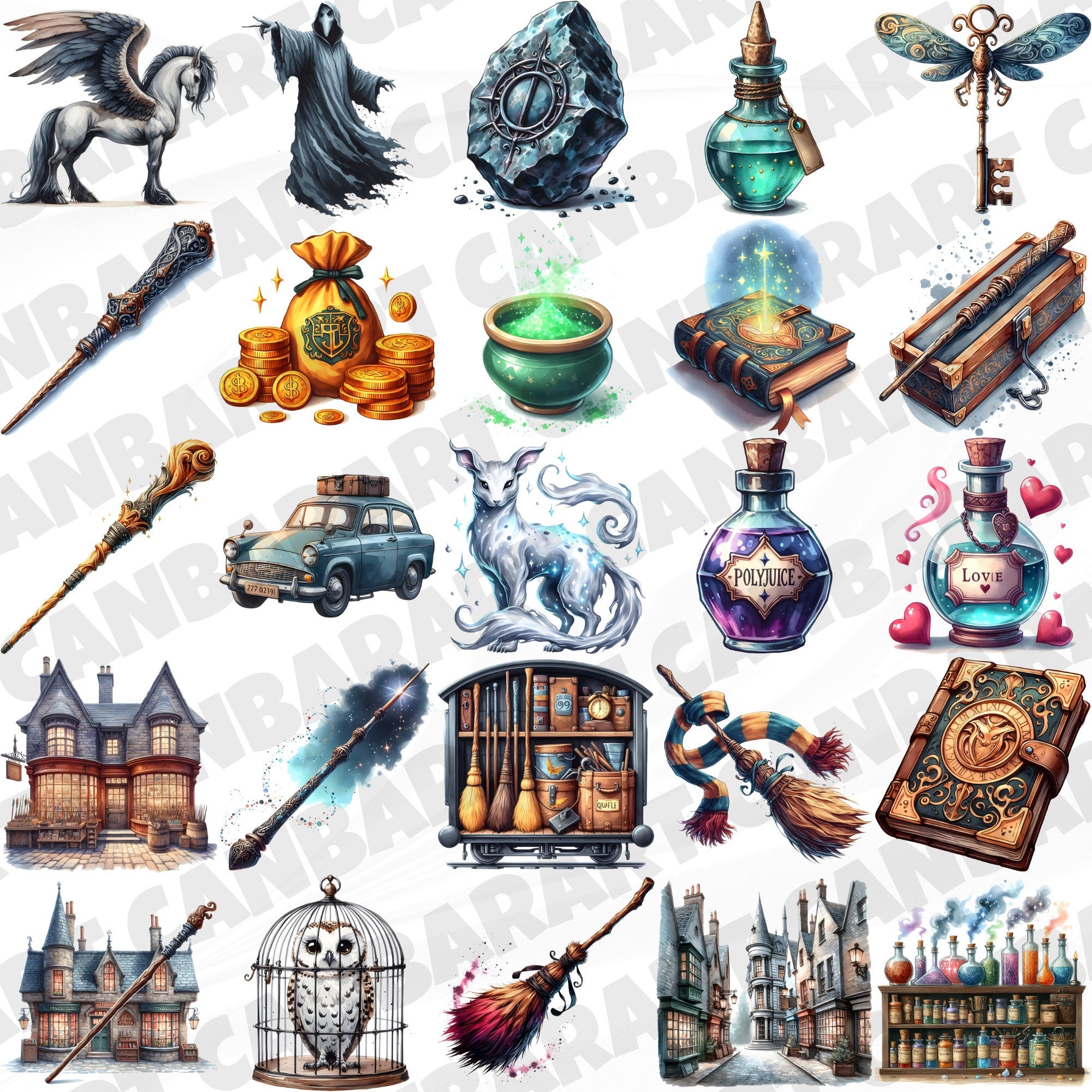 100 Wizard School Clipart Set – 300 DPI, High-Resolution, Transparent Background for Commercial Use, Perfect for DIY Gifts & Crafts