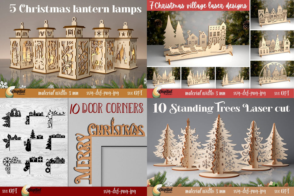 Christmas Laser cut Mega Bundle, 306 Christmas lasercut deisgn, 3D Xmas lasercut SVG, Candle holder, lantern, sign, stand, coaster glowforge