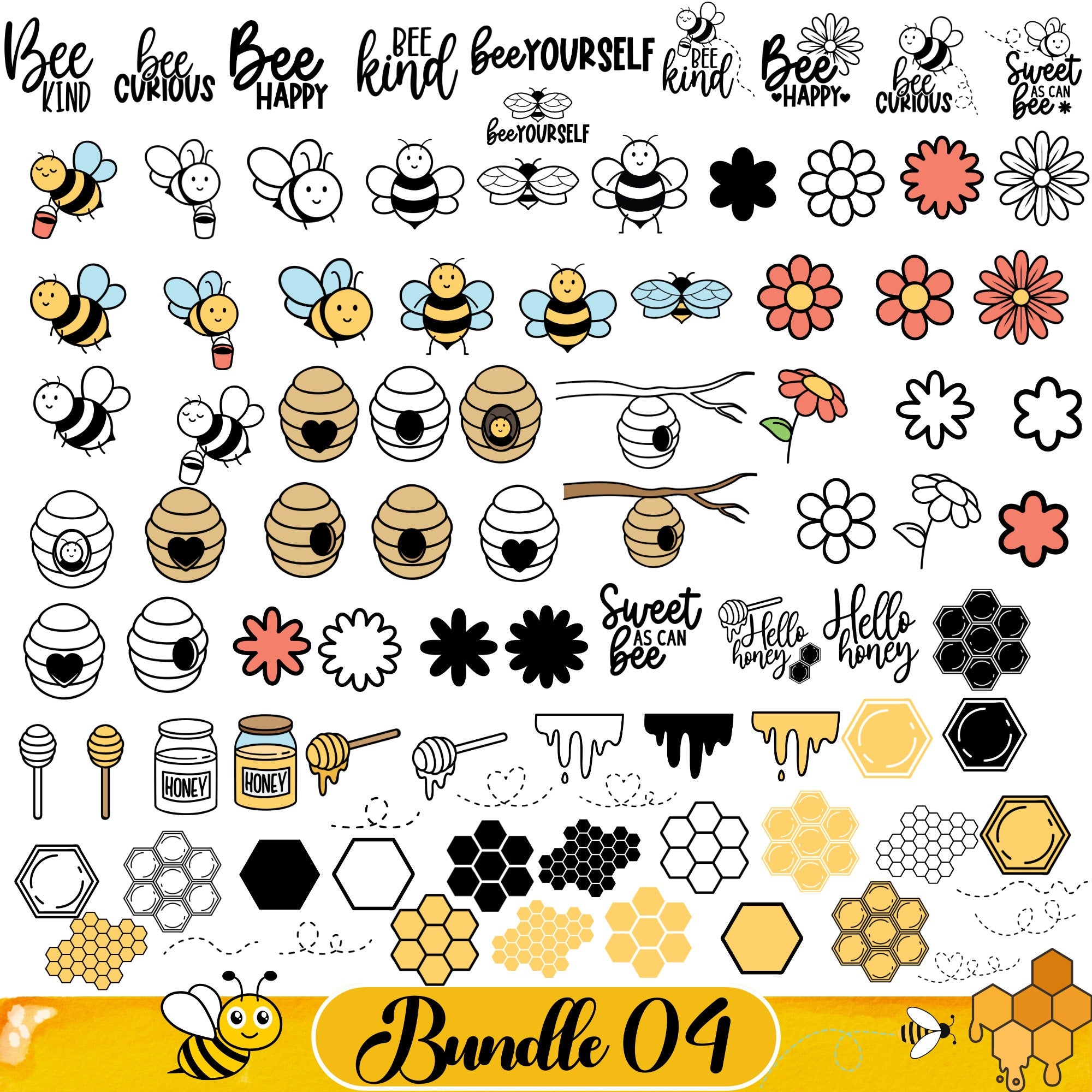 Bee Svg Bundle, Bee Hive Svg, Bee Png, Honeycomb Svg, Bee Clipart, Queen Bee Svg, Honey Bee Svg, Cute Bee Svg, 250 Cliparts