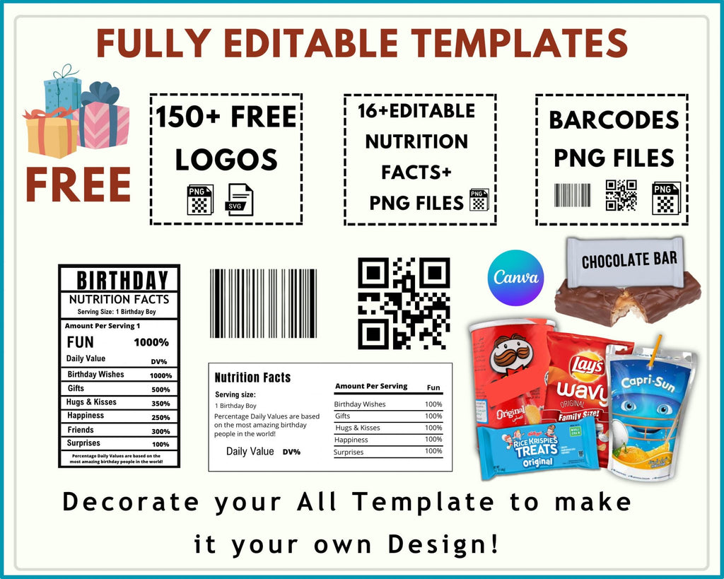 6 Party Favor Template Bundle, Chip Bag Template, Water Bottle Labels, Chocolate Bar , Pringles Template, Party Favor , SVG , Canva Editable