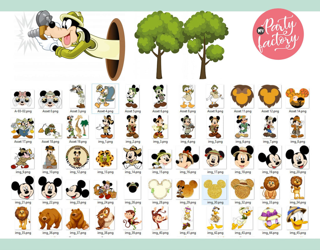 Mickey Safari Clipart PNG Digital Download, 90 PNG with transparent backgrounds Mickey and Friends Jungle Animals
