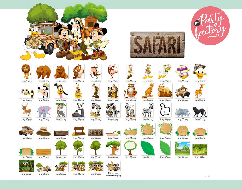 Mickey Safari Clipart PNG Digital Download, 90 PNG with transparent backgrounds Mickey and Friends Jungle Animals