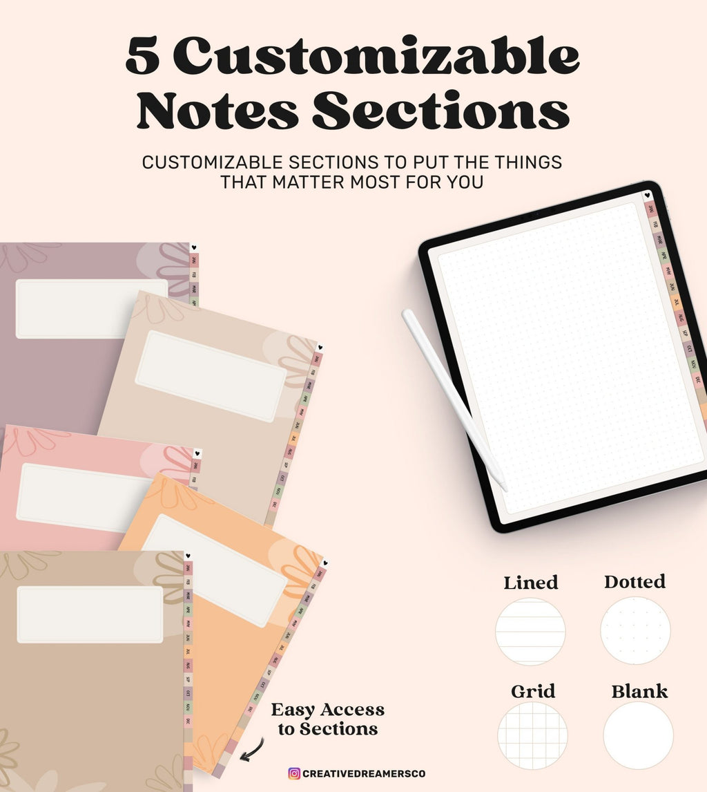 Undated Goodnotes Planner, Monthly Digital Planner, Goodnotes Template, iPad Planner, Digital Journal Pdf, Goodnotes Stickers Boho, Simple