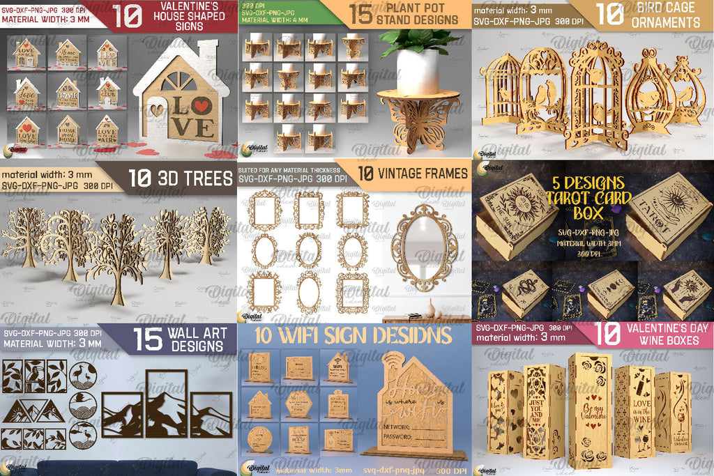 Home decor Laser cut Mega Bundle, 446 Home decor lasercut deisgns, 3D laser cut SVG, wine box laser cut, photo frame svg, money bank box svg