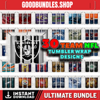 30 NFL Football Bundle Tumbler Wraps, 20 oz Skinny Tumbler Sublimation Design Digital Download PNG, Tumbler, Clip Art, Wall Art