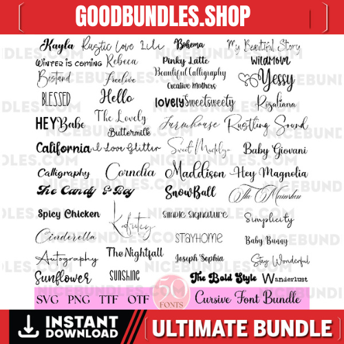 The Ultimate 50 Fonts – Font Bundle ttf svg Heart font, Cricut, Canva Font, Script Font, Digital Fonts, Procreate Fonts, Crafting font