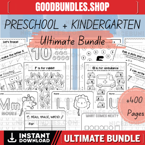 Preschool Pre-K + Kindergarten Learning Bundle | +400 Pages | Printable Activity Worksheets | Coloring | Dot To Dot | Tracing | Alphabet