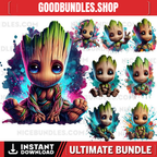 8 PNG Watercolor splash Baby Groot png Digital images for printing, T-Shirts, Groot Print High Resolution-Instant Digital Download