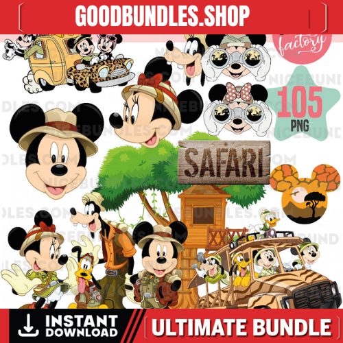 Mickey Safari Clipart PNG Digital Download, 90 PNG with transparent backgrounds Mickey and Friends Jungle Animals