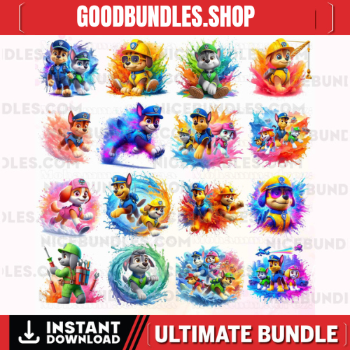 20 Paw Patrol Splash and Watercolor PNG Bundle, Dog Watercolor Png, Cartoon Clipart, Cartoon Watercolor Png, Cartoon Movie Png