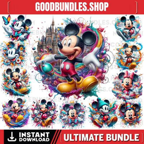 12 PNG Mickey Mouse Splash and Watercolor Digital design PNG file for sublimation – High Resolution -Instant Digital PNG Download