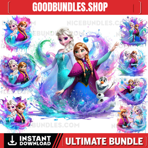8 PNG Elsa and Anna Frozen Splash and Watercolor Digital design PNG file for sublimation – High Resolution -Instant Digital PNG Download