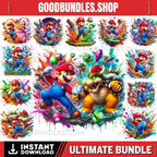 12 PNG Super Mario Splash and Watercolor Digital design PNG file for sublimation – High Resolution -Instant Digital PNG Download