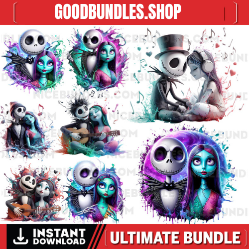 8 PNG Watercolor and splash Jack and Sally png for Christmas,Nightmare Before Christmas Jack and Sally PNG