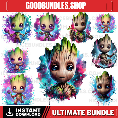 Set of 8 Watercolor splash Baby Groot png Digital images for printing, T-Shirts, Groot Print High Resolution-Instant Digital Download