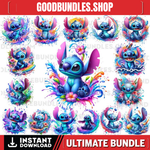 16 PNG Stitch Splash and Watercolor Digital design PNG file for sublimation – High Resolution -Instant Digital PNG Download