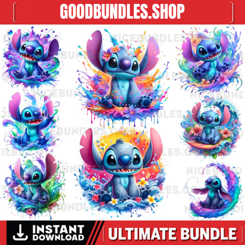 8 PNG Stitch Splash and Watercolor Digital design PNG file for sublimation – High Resolution -Instant Digital PNG Download