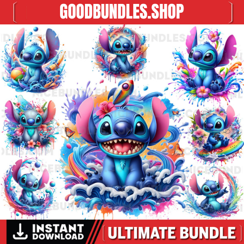 8 PNG Stitch Splash and Watercolor Digital design PNG file for sublimation – High Resolution -Instant Digital PNG Download