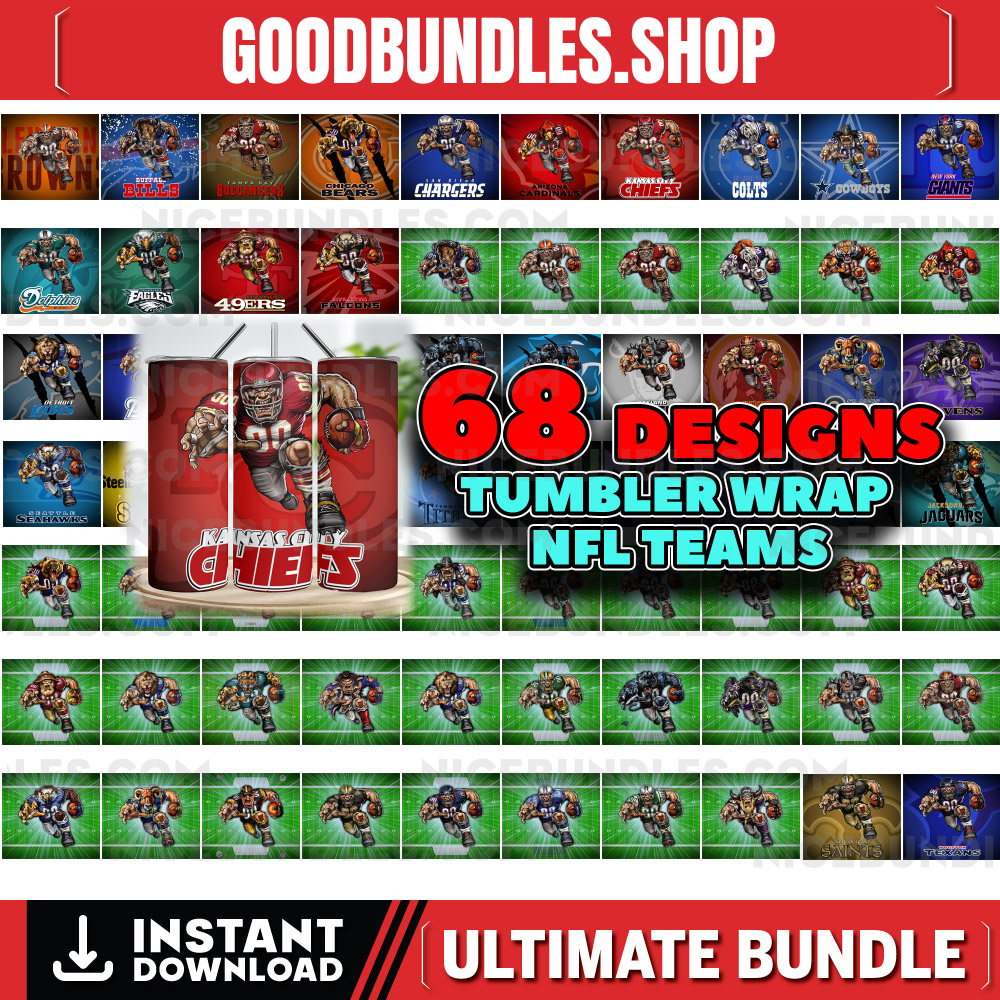 68 NFL Football Bundle Tumbler Wraps, 20 oz Skinny Tumbler Sublimation Design Digital Download PNG, Tumbler, Clip Art, Wall Art