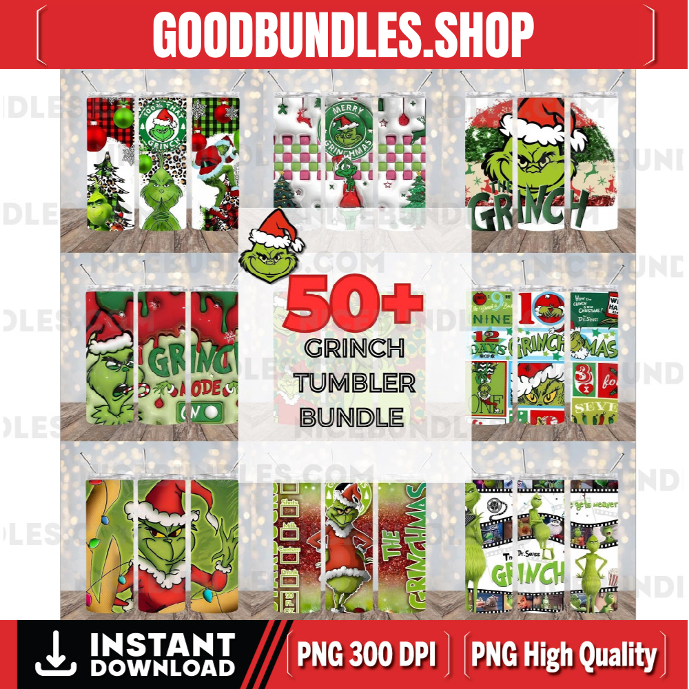 50+ The Grinch Christmas Tumbler Wrap Bundle with inflated, 20oz Skinny Tumbler Wrap with Grinch Christmas Designs – Digital PNG Sublimation