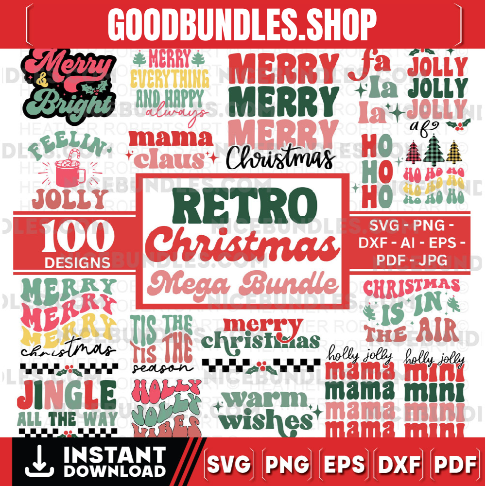 CHRISTMAS RETRO MEGA Bundle, 100 Designs, Heather Roberts Art Bundle, Christmas svg, Winter svg, Holidays, Cut Files Cricut, Silhouette