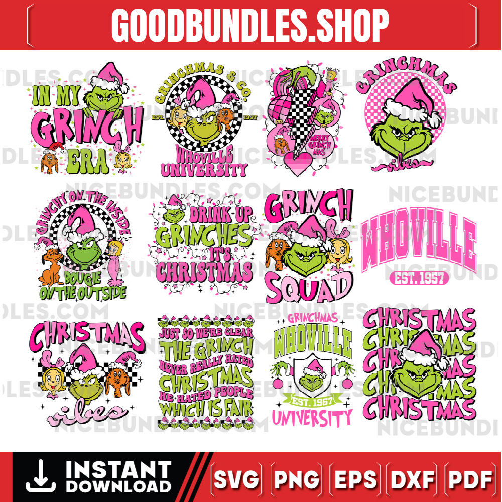 Retro Pink Christmas SVG PNG Bundle, pink Christmas png, Christmas Svg, christmas shirt design, Grinch bundle svg png , pink Grinch svg png