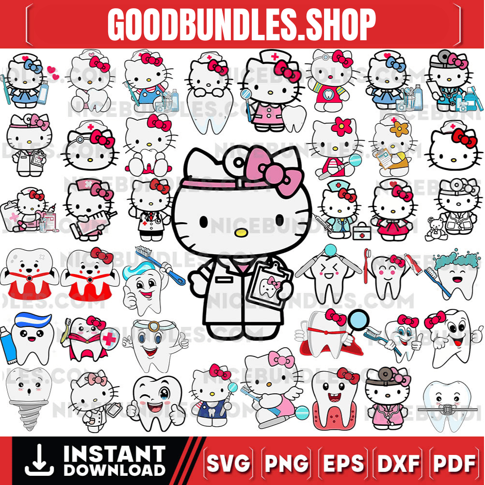 200 Hello Kitty and Related Characters Dentist Themes Svg Bundle, Dentist Svg, Cute Characters Svg, Instant Download