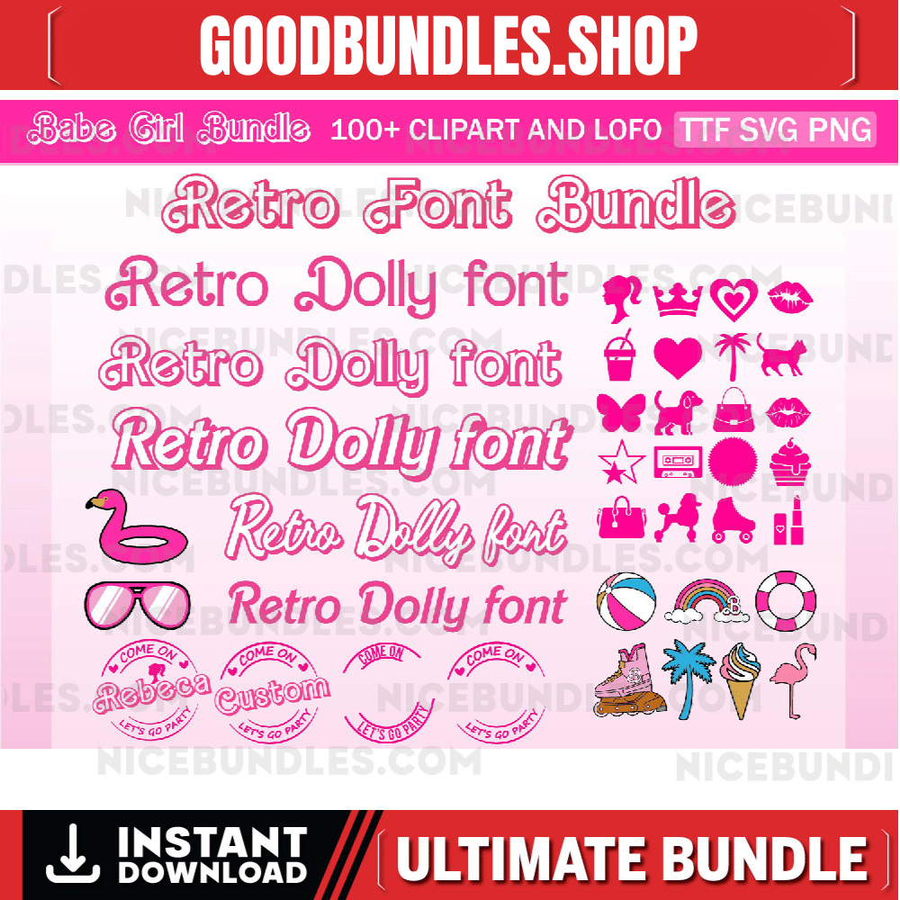 5 Barbie Font Bundle SVG and OTF, TTF, Bonus Clipart bundle, Canvas, Cricut Compatible, Outline, Sublimation Cricut Cut File