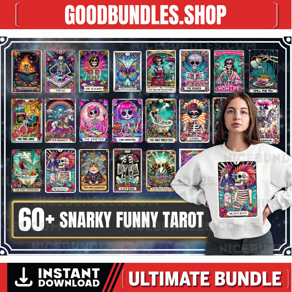 60+ Snarky Funny Tarot Card Bundle, Woman Skeleton Mother Sublimation Design, Witchy Vibes Skull Mama PNG File, Snarky Funny, Digital File