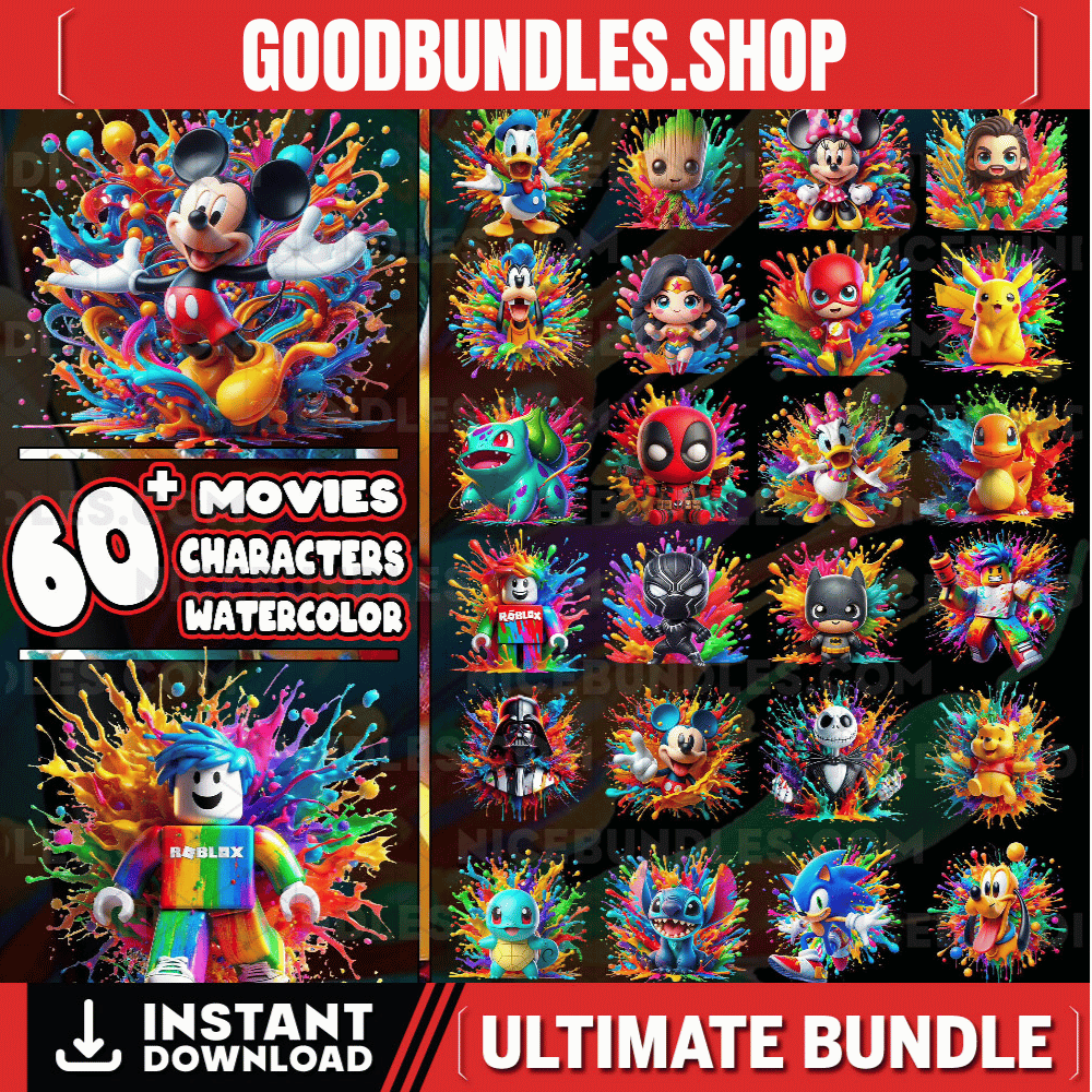 65 Designs Characters in movies Png, Watercolor Png Bundle, Cartoon Characters, Super Hero Characters, Png Fomat, Instant Digital Download, Disney Characters, Dead Pool Png, Stitch Clipart, Mickey Mouse Png, Roblox Bundle Png, Minecraft Clipart