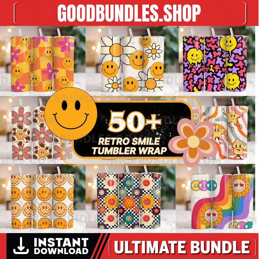 50+ Retro Tumbler Wrap Bundle, Retro Daisy Smile face, 20oz Skinny Sublimation, Retro Tumbler, Retro PNG, Retro Smiley Tumbler, Smiley Face
