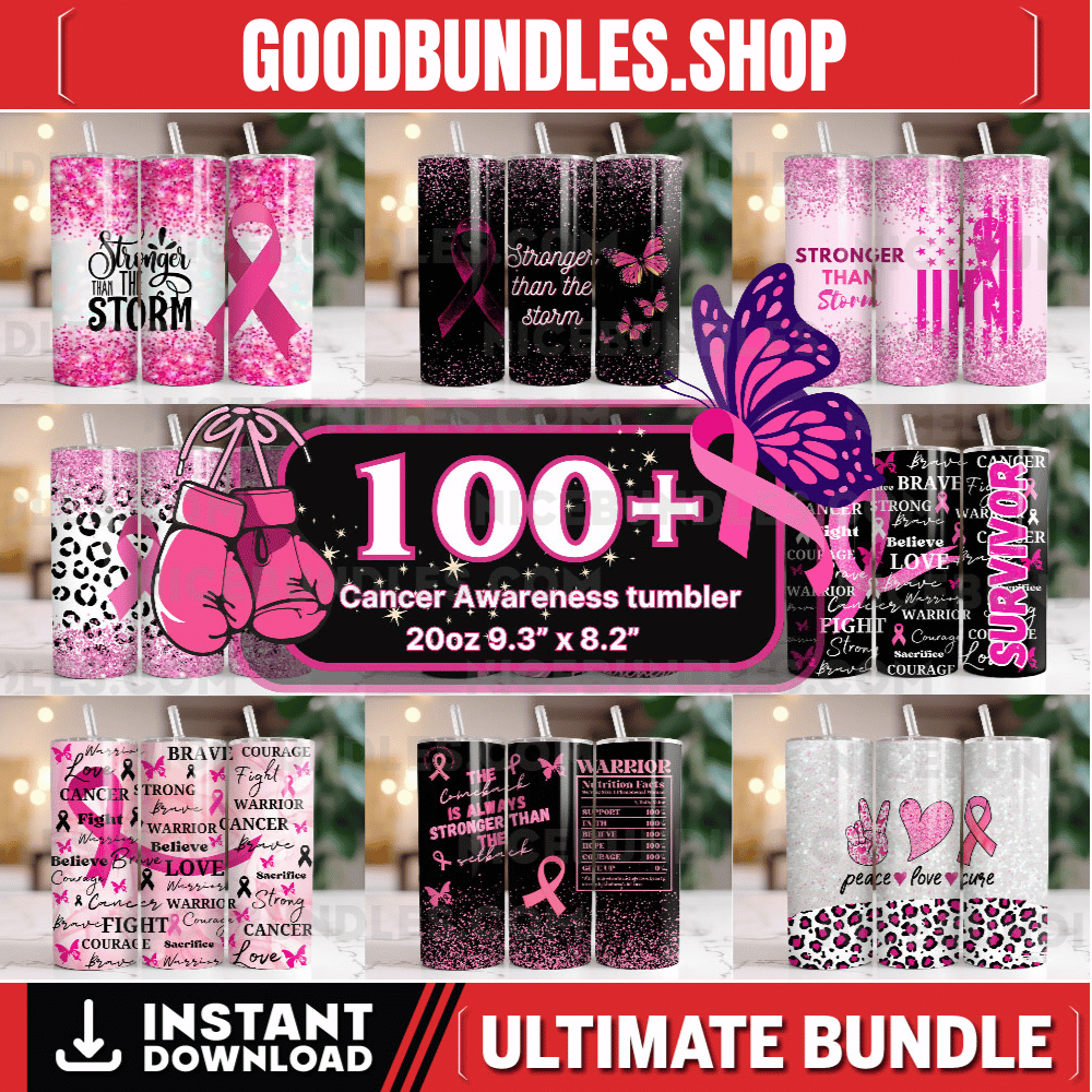 100+ Breast Cancer Tumbler Wrap Bundle 20oz Skinny Tumbler Sublimation PNG Ribbon Awareness Cancer Awareness Glitter Pink Tumbler