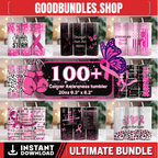 100+ Breast Cancer Tumbler Wrap Bundle 20oz Skinny Tumbler Sublimation PNG Ribbon Awareness Cancer Awareness Glitter Pink Tumbler