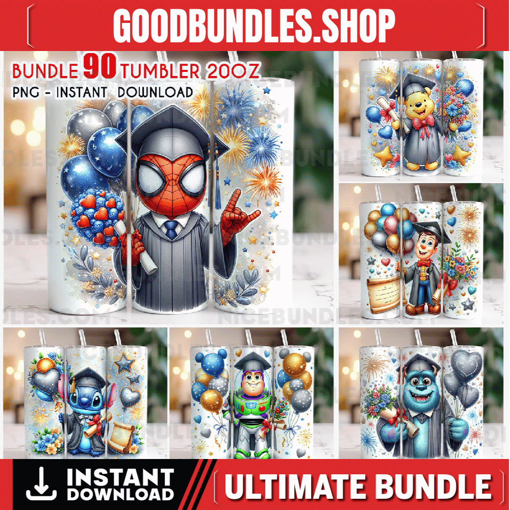 Big Bundle 90 Cartoon Characters Graduation Tumbler Wrap, 20oz Skinny Tumbler, Graduation Png, Proud Senior Png, Class of 2024 Tumbler PNG , Toy Story, Disney Cars, Disney Stitch, Spiderman, Disney Princess, Mickey Minnie, Disney Grad