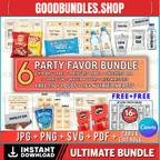 6 Party Favor Template Bundle, Chip Bag Template, Water Bottle Labels, Chocolate Bar , Pringles Template, Party Favor , SVG , Canva Editable