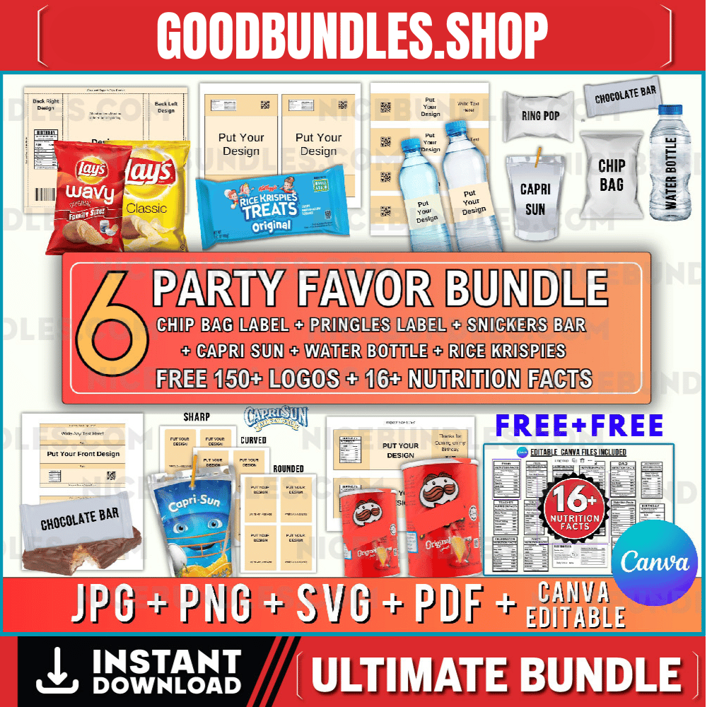 6 Party Favor Template Bundle, Chip Bag Template, Water Bottle Labels, Chocolate Bar , Pringles Template, Party Favor , SVG , Canva Editable