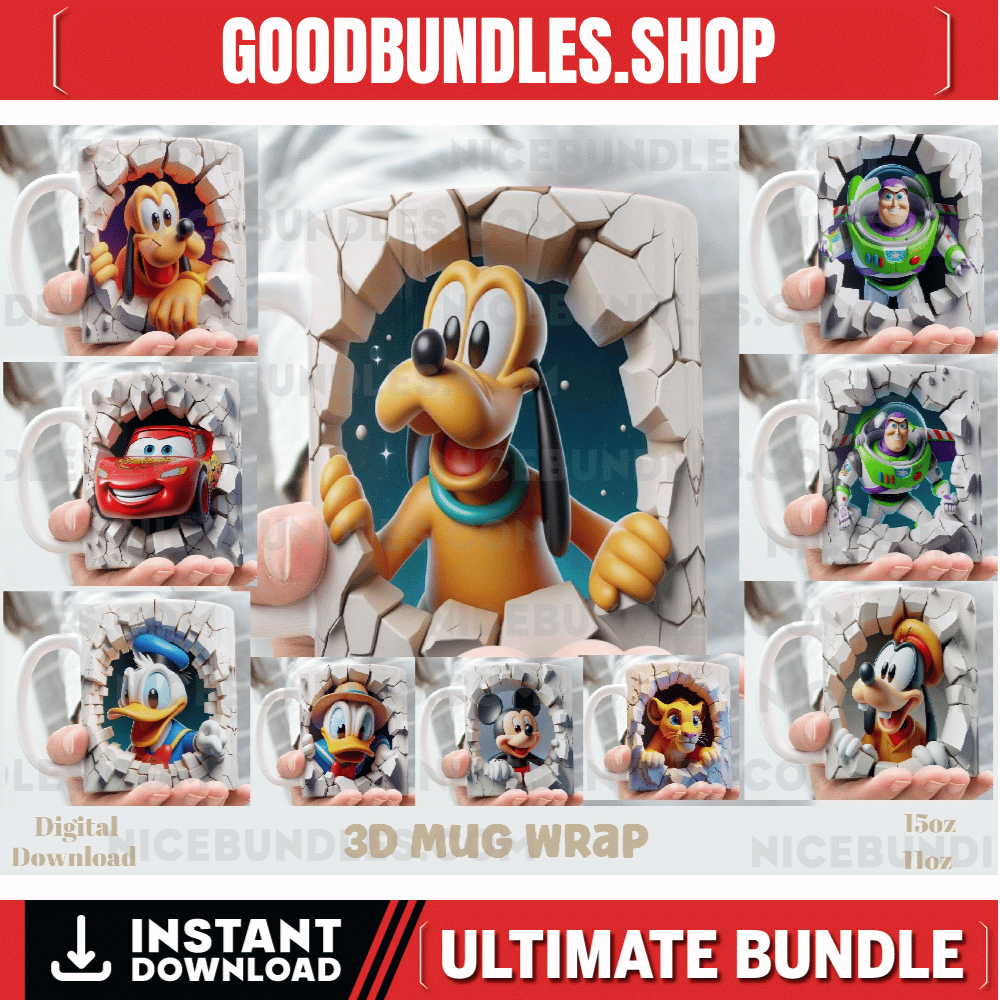3D Effect Boys Classic Cartoons Character Mug Wrap, 11 oz & 15 oz Mug Bundle Sublimation Wrap, Instant Digital Download, PNG Template
