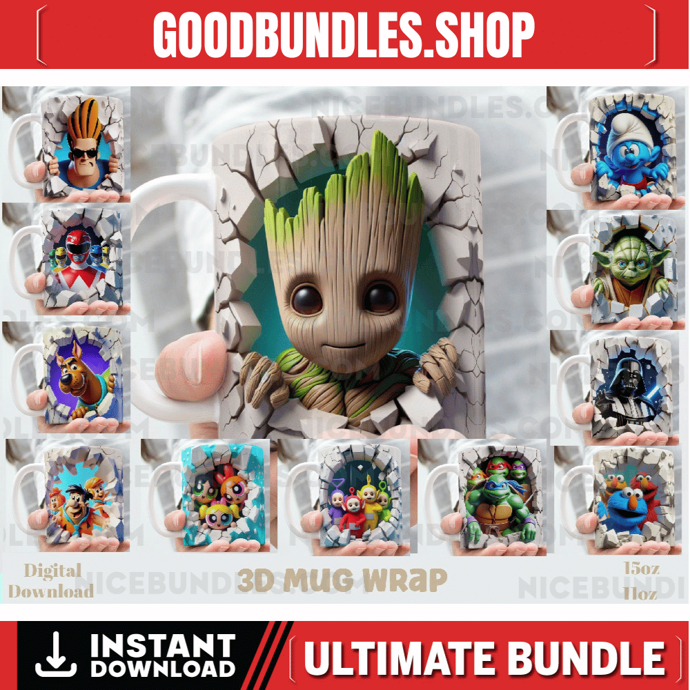 3D Effect Hole In A Wall Classic Cartoon Character Mug Wrap, 11oz & 15oz Mug Bundle Sublimation Wrap, Instant Digital Download, PNG Template