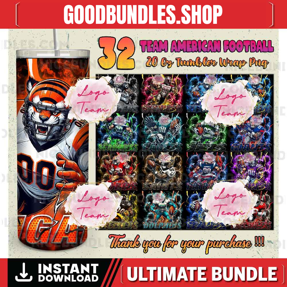 32 Team American Football Tumbler PNG Sublimation Designs, Football Mascot 20oz Skinny Tumbler Wrap PNG, Football Png Digital Download, NFL Tumbler