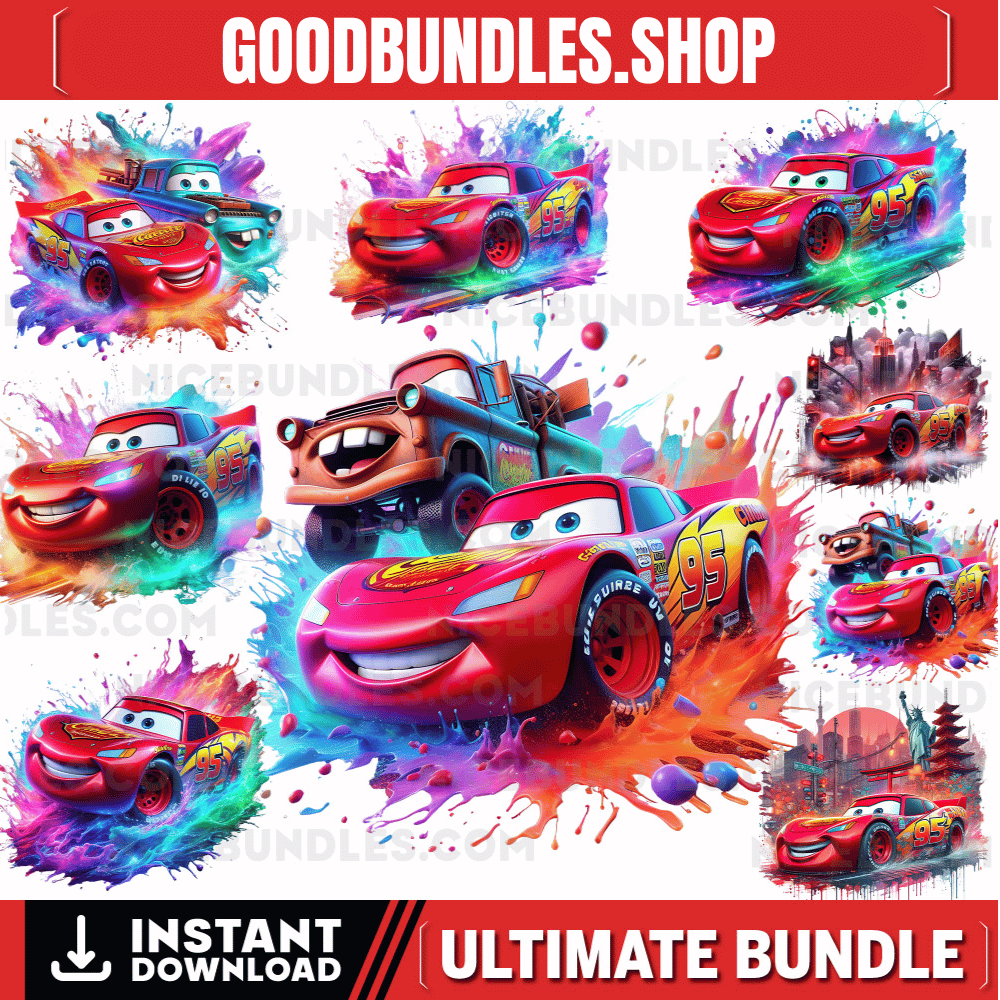 8 PNG Lightning McQueen Cars Splash and Watercolor Digital design PNG file for sublimation – High Resolution -Instant Digital PNG Download